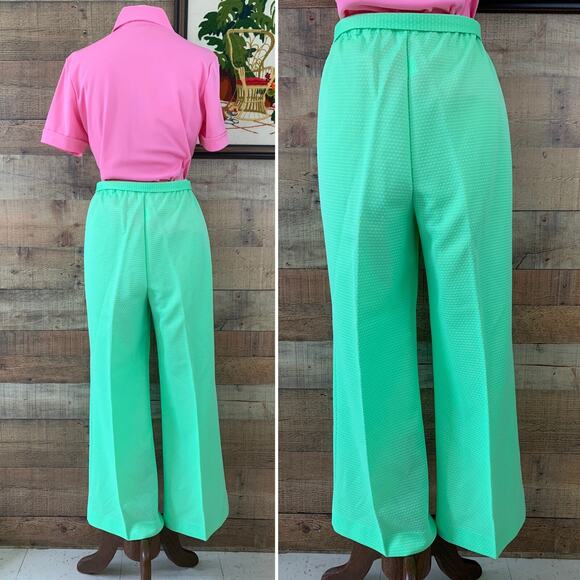 Vintage 1970s MOD Mint Green Pull On Wide Leg Trouser Polyester Pants Sz Medium - Picture 4 of 7